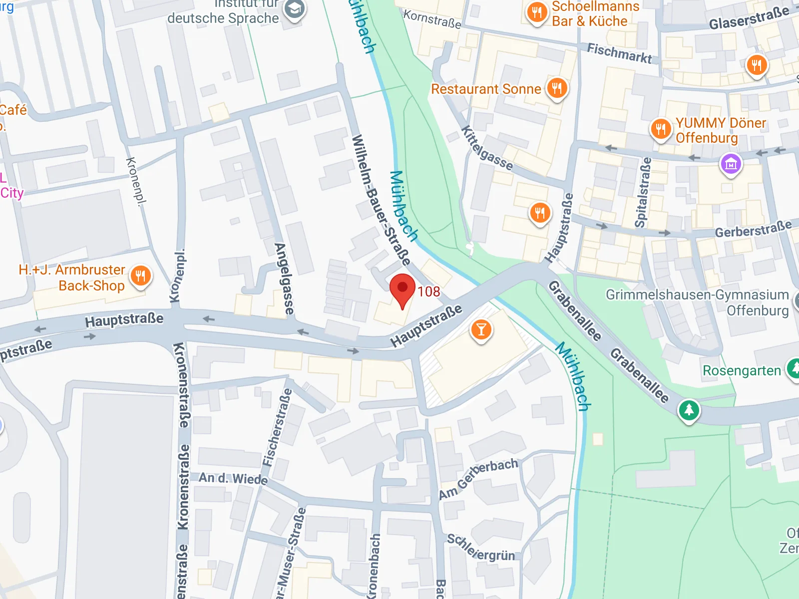 Kartenausschnitt der Offenburger Innenstadt mit Markierung: Hauptstraße 108, 77652 Offenburg